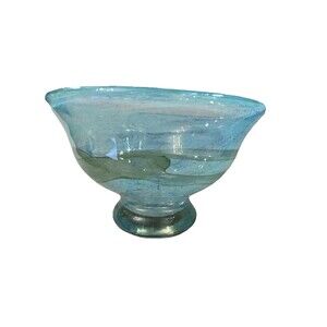 Art Studio Glass Console Bowl 7” Diameter Handblown Blue/Green Swirl Mottled